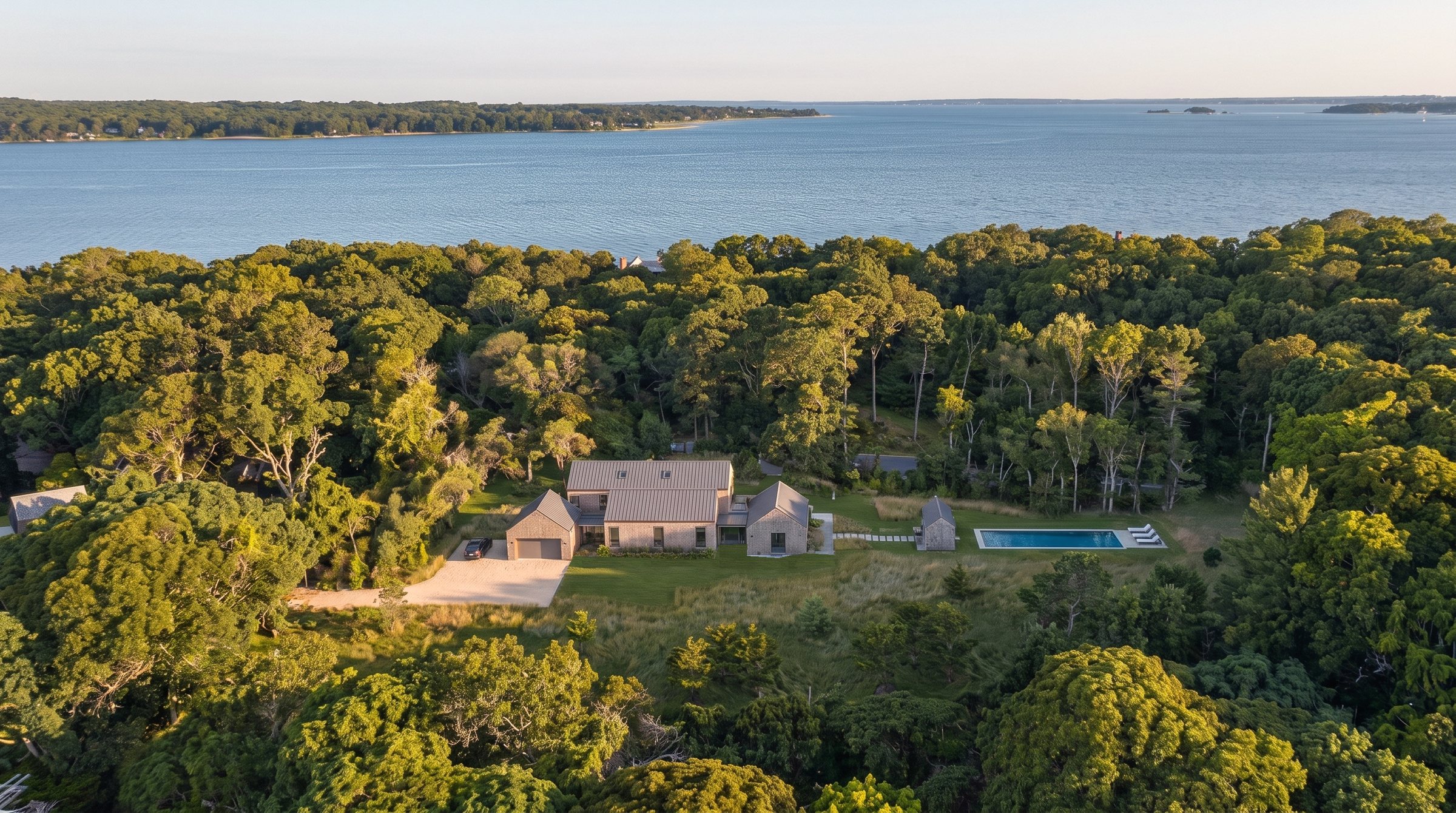 Rendering of 84 Sunset Beach Road from the air, the woodland and the bay beyond