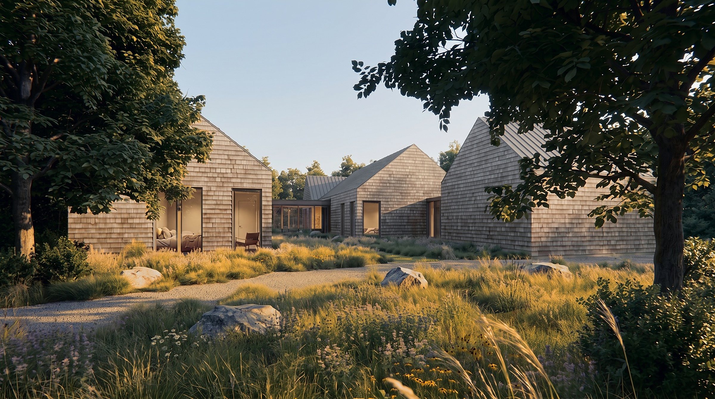 Rendering of the approach: cedar shingled gables among oaks and meadow grasses in low evening light