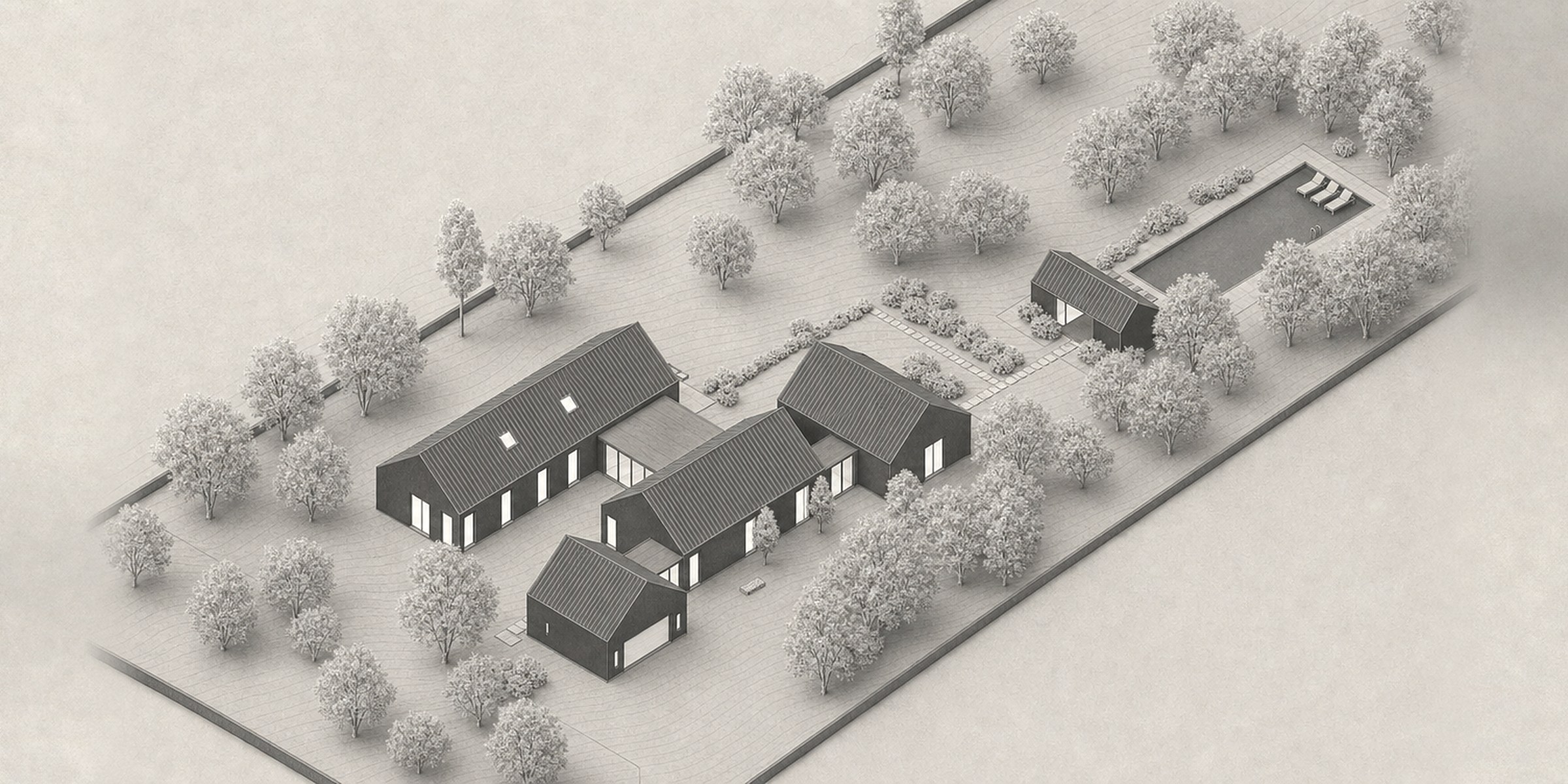Axonometric drawing of 84 Sunset Beach Road: four gabled buildings joined by low glazed links around two courtyards, the pool house and the pool beyond