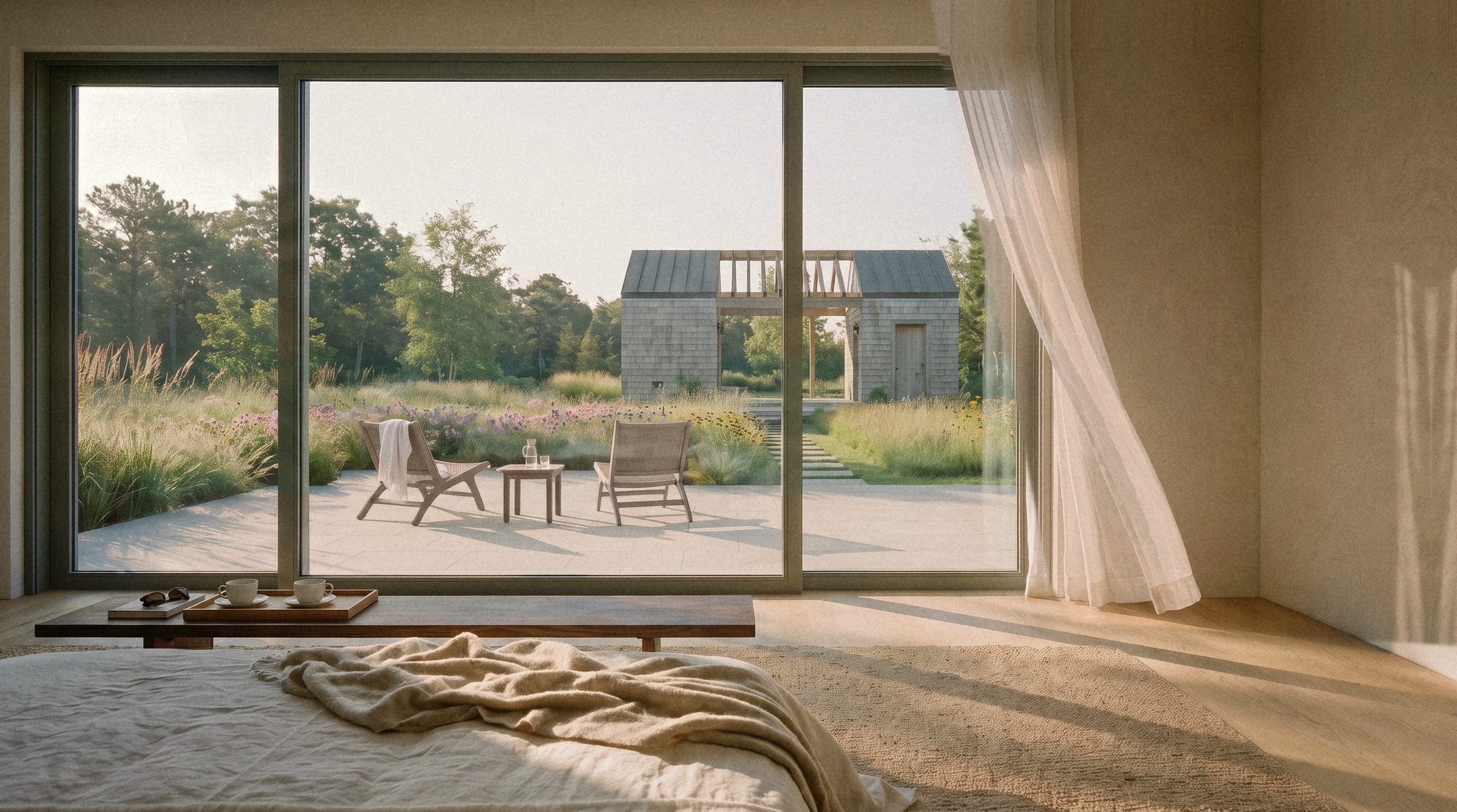 Rendering of the primary bedroom, a wall of sliding glass open to a stone terrace, the meadow and the pool house beyond