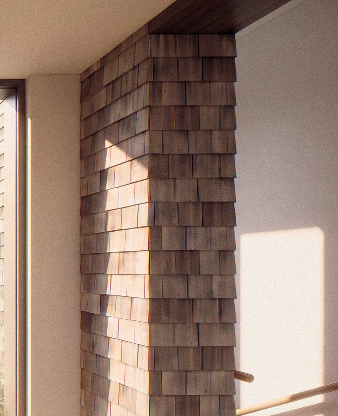Rendering of a cedar shingled wall carried inside beside the stair