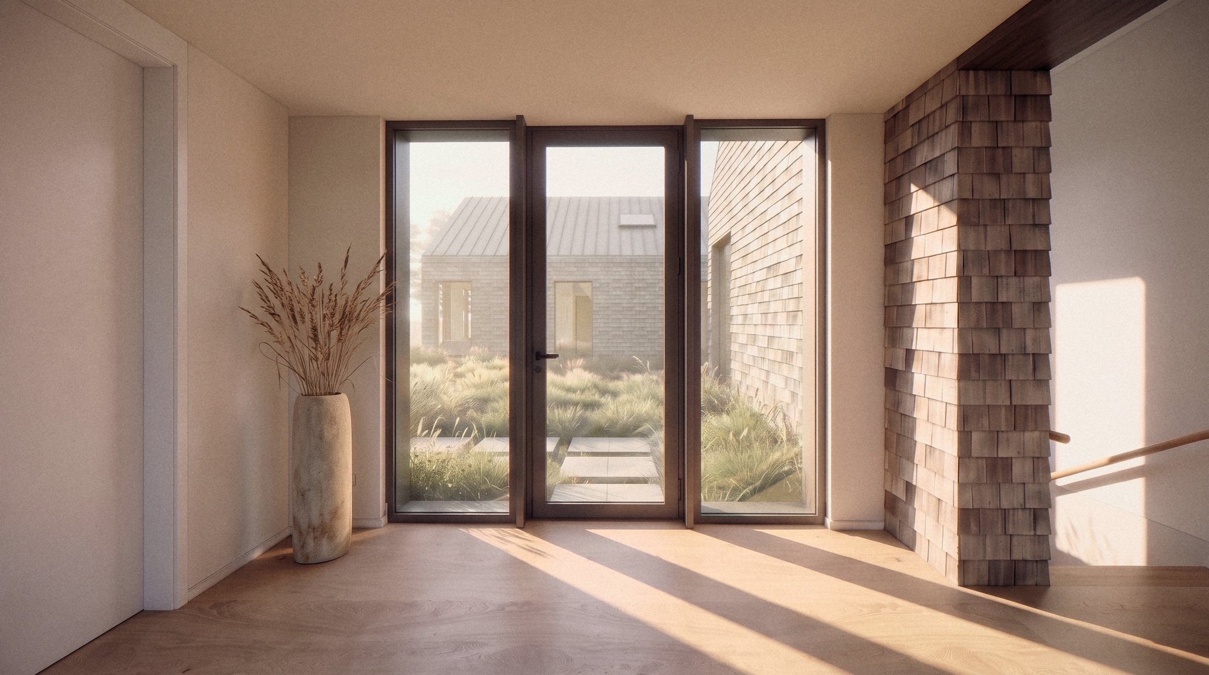 Rendering of a hall ending in a glazed door to a planted courtyard, a cedar shingled wall carried inside