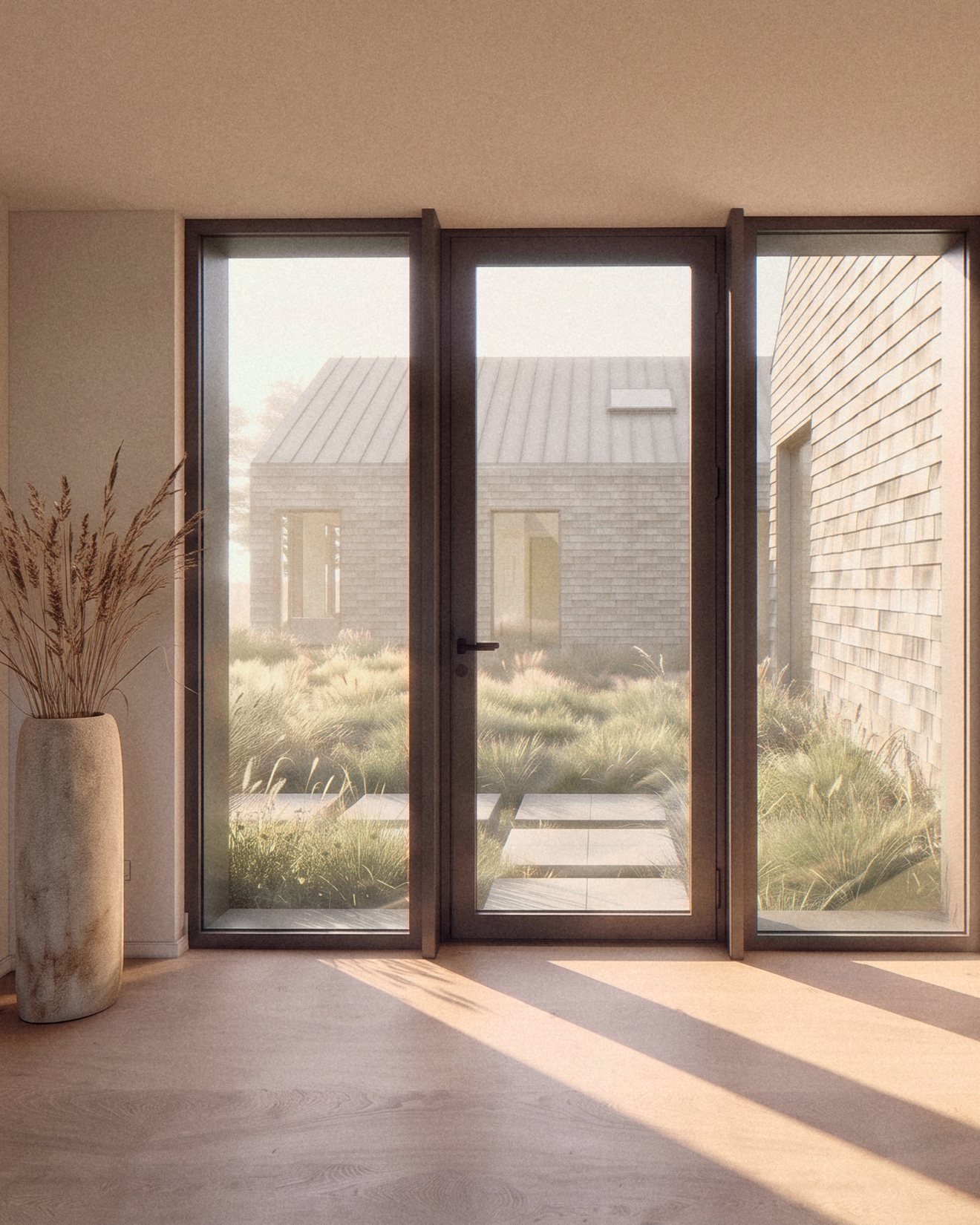 Rendering of a glazed door opening onto a planted courtyard