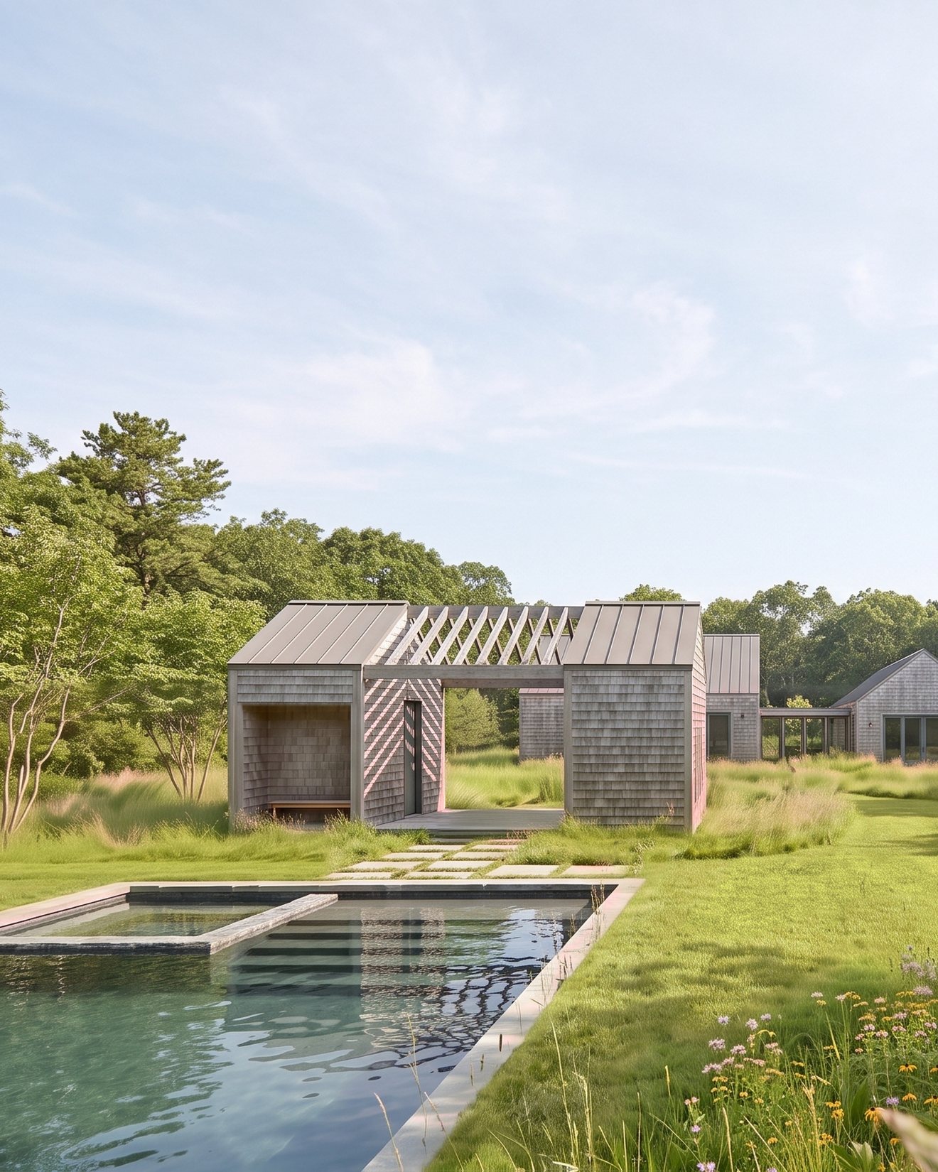 Rendering of the pool house standing in meadow planting beside the pool