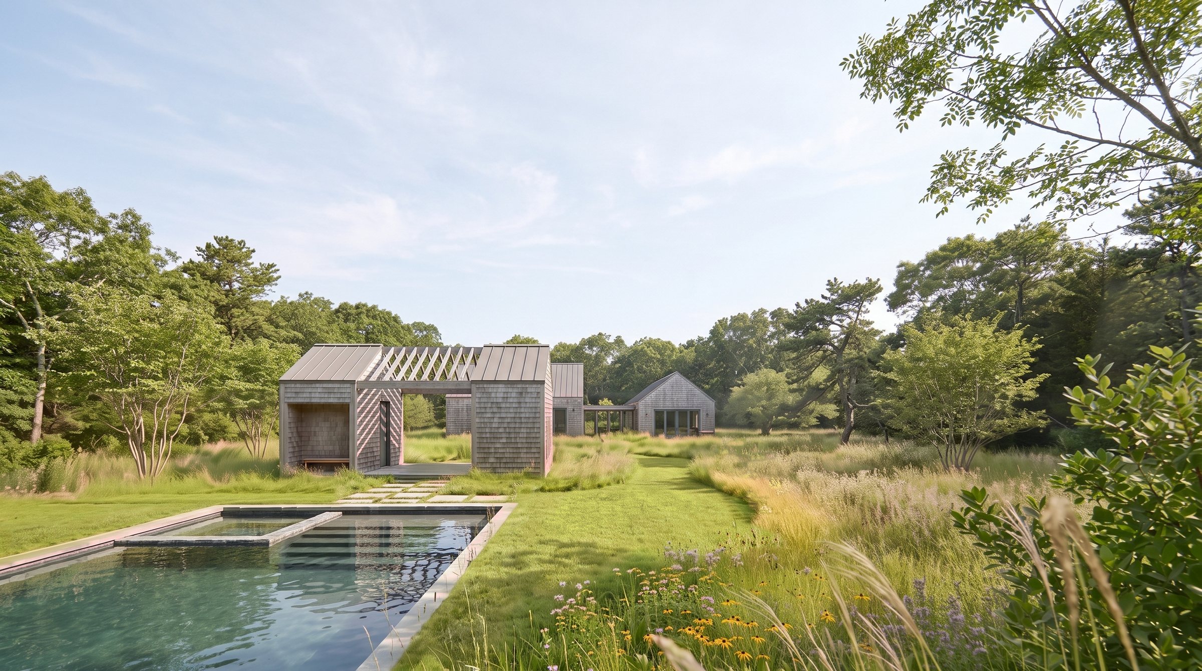 Rendering of the pool and the cedar pool house in meadow planting, the house beyond