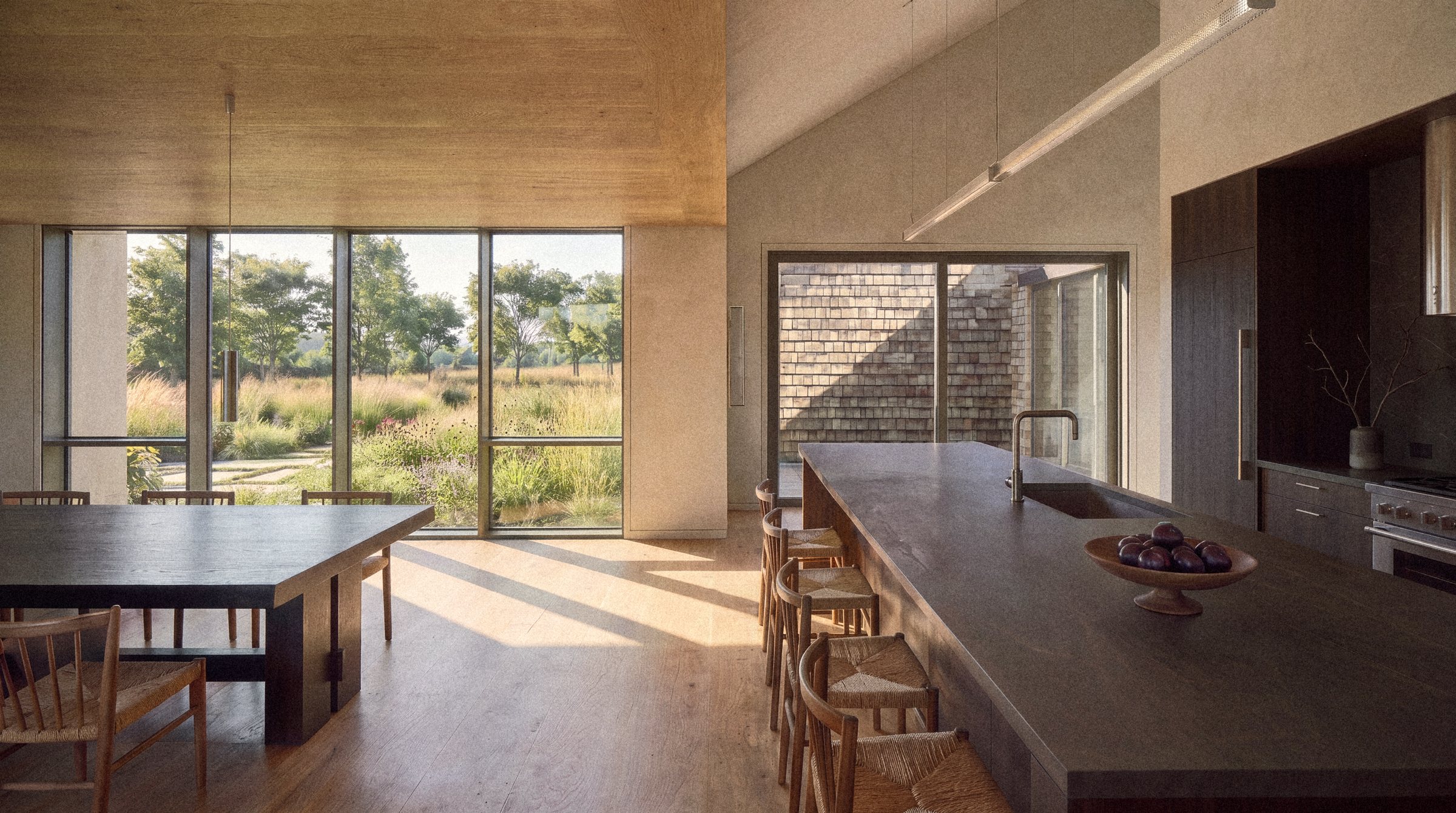 Rendering of the kitchen and dining room under a vaulted ceiling, a long island, and tall windows to the garden