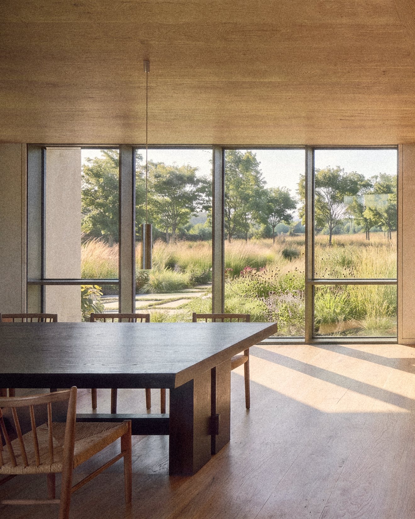 Rendering of the dining table beside tall windows to the garden