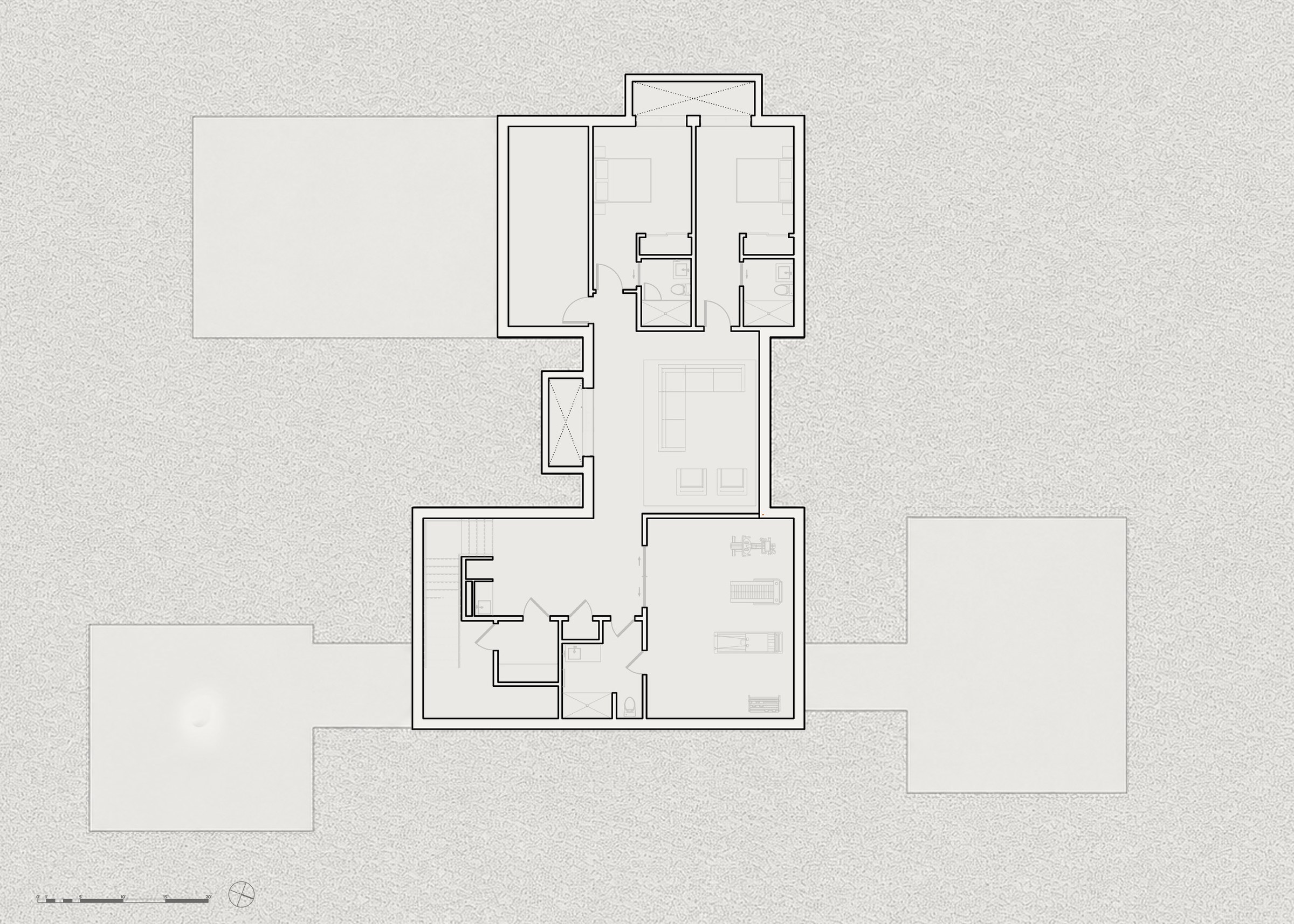 Basement plan: two bedrooms with their baths, a family room, a gym, a bath and the laundry below the main house